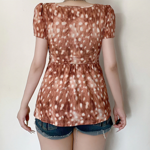 Camiseta de Mujer Casual con Cuello en V y Lazo, Manga Corta, Tejida, Transpirable, Ecológica, de Spandex/Poliéster, con Estampado Animal Dulce - Product Image 5