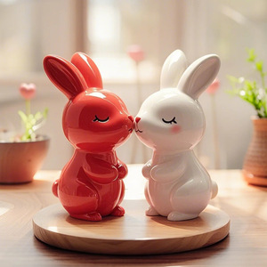 Ornements en céramique de Jingdezhen, Chine : Couple de lapins enlacés en porcelaine monoglaçurée, design pastoral, <span class=keywords><strong>cadeau</strong></span> mignon pour petite amie, décoration d'intérieur. - Product Image 4