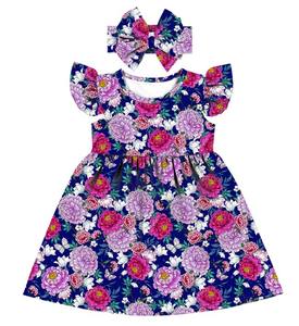 Robe florale marine pas chère pour fille, robe de princesse pour enfants, robe à volants et manches évasées, robe de fête d'été pour jeunes filles - Product Image 1