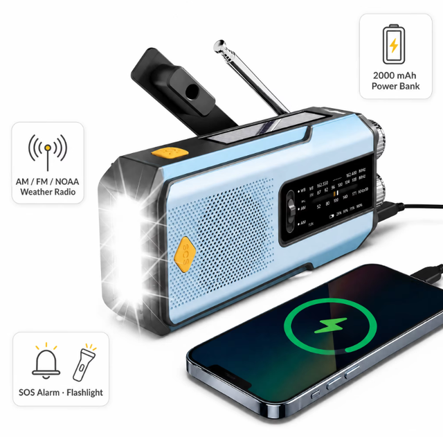 Emergency Hand Crank Radio Solar 2000mAh Power Bank NOAA Weather Alert AM FM WB Portable IPX3 with Flashlight SOS