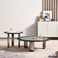 Luxuriöser Moderner Wohnzimmer-Mitteltisch Runder Minimalistischer Gesinterter Stein-Couchtisch-Set mit Edelstahlrahmen