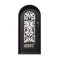 Porte d'entrée moderne en fer forgé à entrée unique en fer forgé Porte d'entrée en métal sculpté de style pivotant fabriquée en Chine pour maison de campagne
