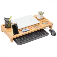 Support de moniteur surélevé en bambou avec tiroirs, support de bureau pour ordinateur portable avec rangement pour clavier, accessoires d'ordinateur