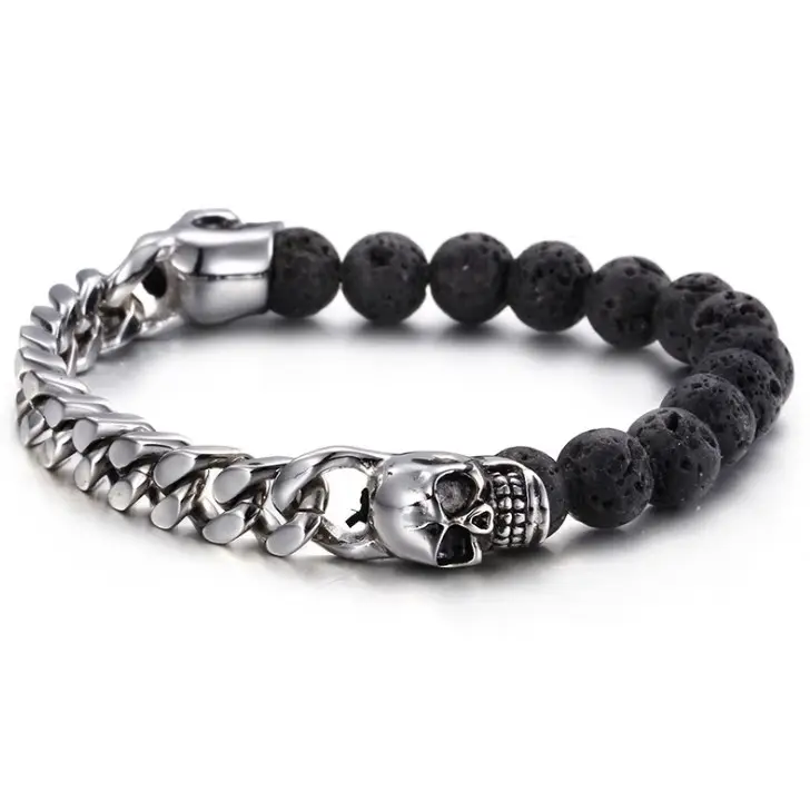 Ebay stainless steel bracelet men skulls chain bracelet mens lava stone bracelet