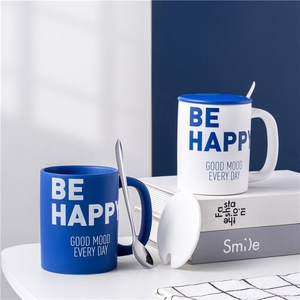 Promotional Gift 400ml Be Happy Good Mood Print Ceramic Tea <b>Cup</b> Blue and White Ceramic Coffee Mug Gift <b>Cup</b> With Handle - Product Image 2