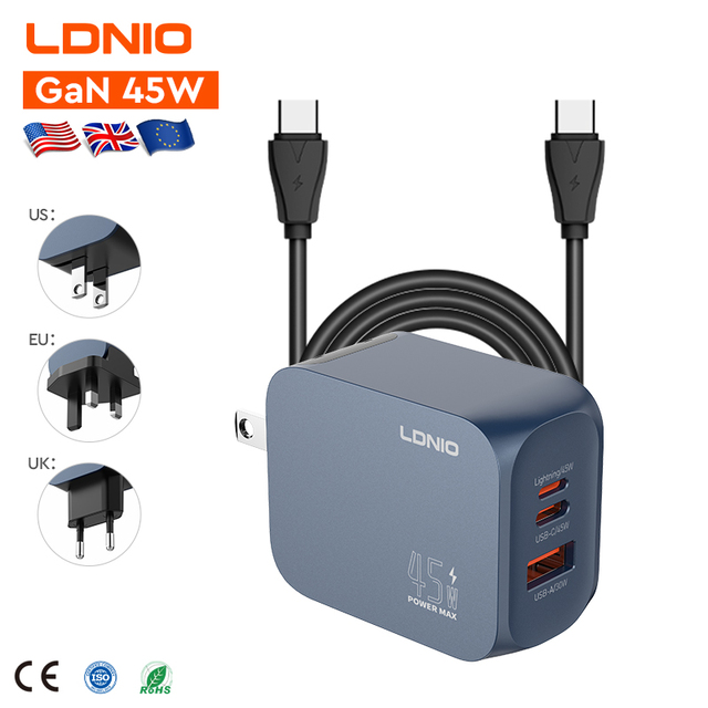 LDNIO Q6 GaN 45W Super Fast Type c Fast Charger UK Standard Plug Multi Mobile Phone Chargers USB Phone Quick Charger