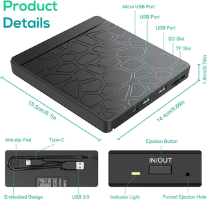 Lector de <span class=keywords><strong>CD</strong></span>, <span class=keywords><strong>DVD</strong></span> y ROM portátil delgado con puerto USB 3.0 y tipo C, grabador y regrabador de <span class=keywords><strong>CD</strong></span>, <span class=keywords><strong>DVD</strong></span> y ROM con ranura para tar - Product Image 3