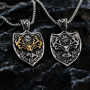 Men's Stainless Steel Pendant <b>Necklace</b> Shield Shape Deer Head Viking <b>Compass</b> Design Gift Jewelry - Product Image 1