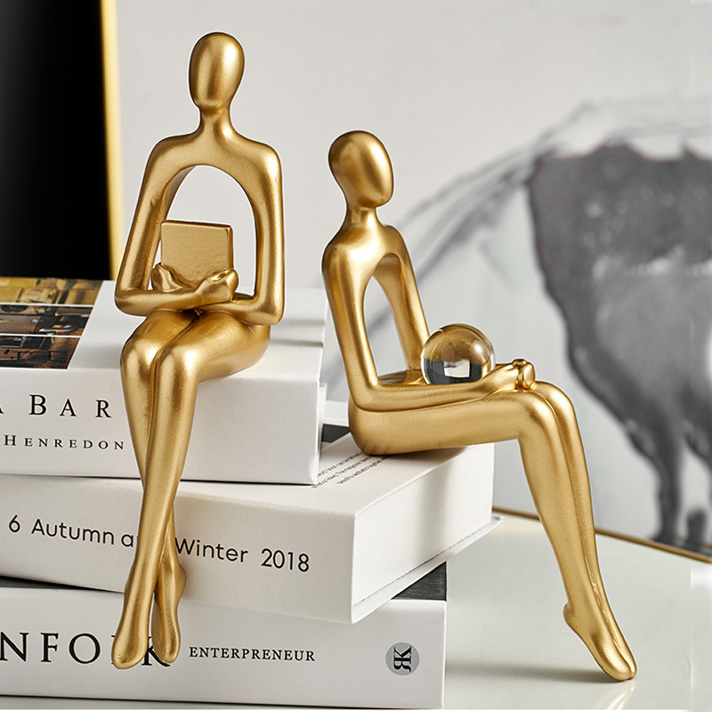 AUNMAS Thinker Reading Statue - Gold Resin Abstract Figure Decor
