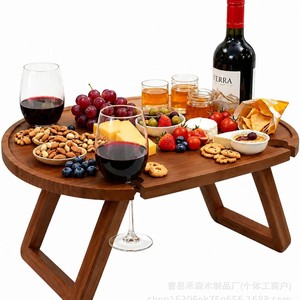 Outdoor Wooden Folding <b>Picnic</b> <b>Table</b> With Wine Holder And Knife Set Round <b>Portable</b> For <b>Picnics</b> Camping - Product Image 5