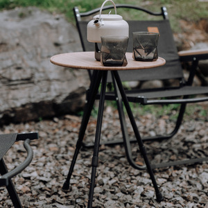 Portable <b>Folding</b> Round <b>Table</b> Aluminum Alloy Height <b>Adjustable</b> Camping Outdoor <b>Table</b> Black Wood Grain Color 37x56x35cm - Product Image 2