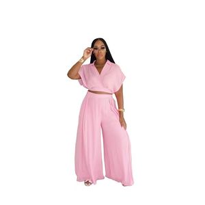 Conjunto de Top Corto de Verano / Pantalones Anchos de Cintura Alta con Cuello, Diseño de Solapa Bonita, Tejido de Punto Informal de Longitud Corta - Product Image 6