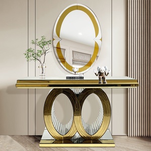 Consolle di Lusso Guanlong con <span class=keywords><strong>Specchio</strong></span> Dorato, Tavolo da <span class=keywords><strong>Ingresso</strong></span> in Vetro Lucido e <span class=keywords><strong>Specchio</strong></span> Decorativo da Parete per Soggiorno - Product Image 3
