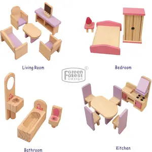 New Design Pink 4 Rooms Doll Furniture Set For Wooden Doll House Toy