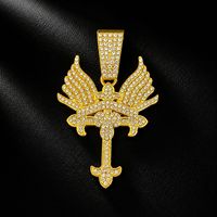 Collier pendentif croix crucifix en zircon plaqué or 18 carats style hip-hop, design ailes d'ange glacées pour hommes et femmes