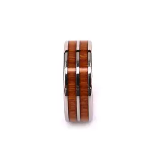Petrified Wood Engagement Ring, Wooden Ring, Titanium Wedding Band With Hawaii Koa Wood Inlay Wood Jewelry