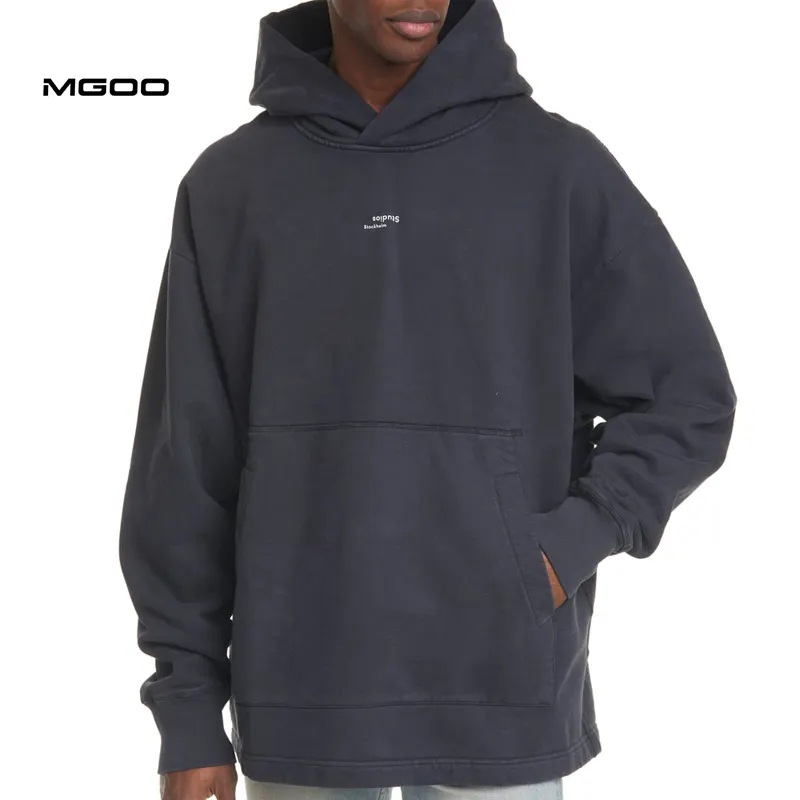 MGOO Custom Printed Logo Straight Hem Navy Blue Oversized Streetwear Cotton Fleece Heavyweight Mens Hoodie