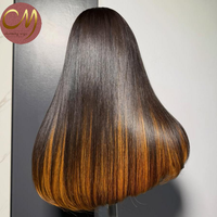Perruque frontale en dentelle HD 7x7 sans colle, cheveux humains raides et superposés, pré-épilée, avec frange rideau et mèches blond miel, pour femmes
