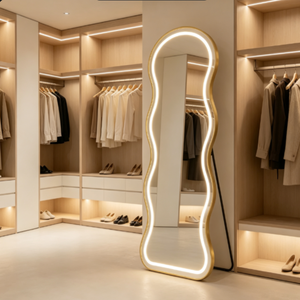 <span class=keywords><strong>Espejo</strong></span> de cuerpo entero ondulado con marco dorado y luz LED orgánica, de pie con soporte en forma de A para dormitorio, boutique, tienda, sala de exposiciones, venta al por mayor - Product Image 5