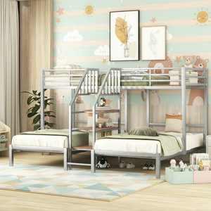 Cama Triple Metálica Moderna y Ajustable con Estantes de Almacenamiento y Escalera, Estructura de Cama Resistente para Niños/Adolescentes/Adultos, Plateada - Product Image 5