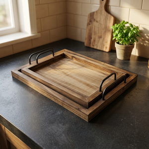 Handmade Eco Friendly Wooden Serving <b>Trays</b> Set Two Nesting Style Antique Wood Platters Metal <b>Handle</b> Engraved Household - Product Image 1