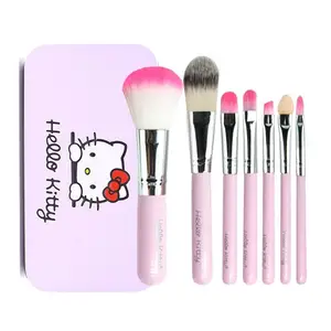 Set Hadiah Kuas Rias Wajah Mini Portabel, Set Kuas Rias Wajah 7 Hello Kitty dengan Kotak Logam