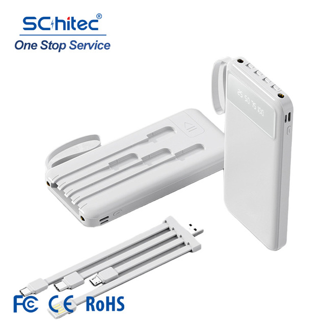SChitec CE FCC Rohs Safe Charging Detachable Build-in 4 in 1 Cable 10W 10000mah Power Bank for Travel mobile device power charge