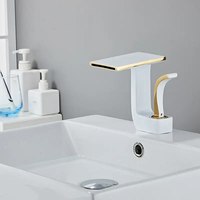 Mitigeur de Lavabo Moderne de Luxe Blanc et Or en Laiton, Robinet Cascade à Design Unique pour Salle de Bain