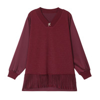 Blusa de punto para mujer al por mayor con diseño de dos piezas falsas, manga larga, ajuste holgado, para uso diario en la oficina