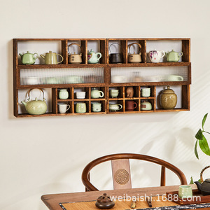 Solid Wood Chinese Style <b>Wall</b> <b>Mounted</b> Display <b>Shelf</b> Multi Compartment Teapot Tea Set Storage Rack For Tea Room - Product Image 2