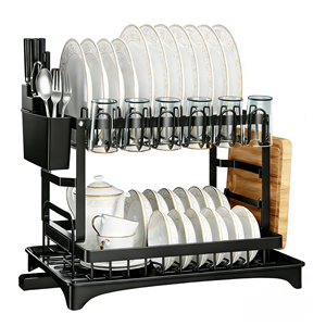 2025 Hot Selling Carbon Steel Black 2 Tier Tableware <b>Dish</b> Drying Drainer Dyer Rack with Cutlery Holder Made in China - Product Image 1