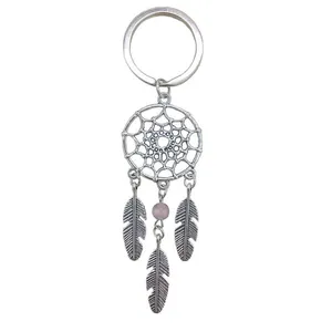 Porte-clés attrape-rêve pour femme, Simple, à la mode, avec perles vertes et roses, boucle, pendentif en argent, plumes, glands, à offrir en cadeau