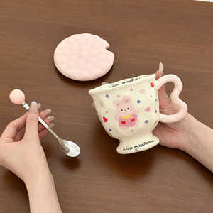 แก้วเซรามิคลายกระต่ายน่ารักพร้อมฝาและช้อน สำหรับเป็นของขวัญวันเกิดสำหรับเด็กผู้หญิง - Product Image 2