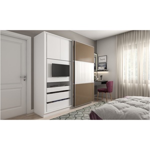 <span class=keywords><strong>Armadio</strong></span> Moderno Skyline 2025 <span class=keywords><strong>Bianco</strong></span> Opaco con Porta Scorrevole in Legno per Camera da Letto - Product Image 1