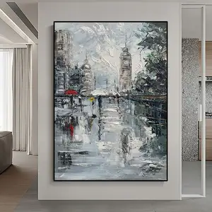 ภาพวาดทำมือแท้100% จิตรกรรมฝาผนังขนาดใหญ่ตกแต่งห้องภาพวาดสีน้ำมันบนถนนในปารีสที่ฝนตก
