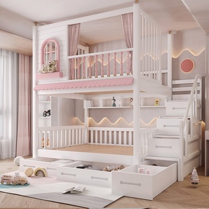 Letto a Castello in Legno Massello <span class=keywords><strong>per</strong></span> Bambine, Modello Castello dei Sogni, Colore Rosa, con Sponda Alta, Doppio Strato, Spazio di Stoccaggio e Personalizzabile - Product Image 3