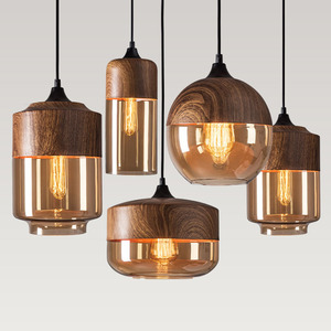 Industrial Style Pendant Light Wood Grain Glass Globe <b>E26</b> <b>Bulb</b> Single Head Chandelier For Restaurant Bar Hotel Decor - Product Image 1