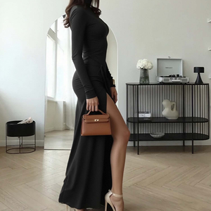 Fashion Long Sleeve Draped Bandage Bodycon Club Long Dress Custom Turtleneck <strong>Thigh</strong> <strong>High</strong> Split Sexy Maxi Dress for <strong>Women</strong> - Product Image 2