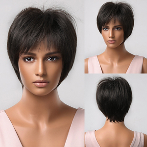 Peluca de cabello sintético estilo Afro para uso diario, pelo corto recto con flequillo <span class=keywords><strong>Pixie</strong></span>, corte Bob en capas, color negro y marrón, resistente al calor - Product Image 5