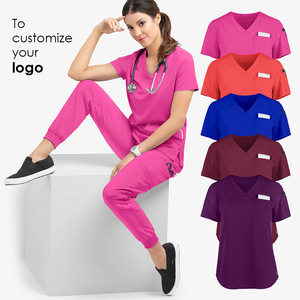 Women Hospital Scrubs Set Moisture Wicking V-Neck Uniforms For Nurses Doctors Rose Red Orange Red Blue Wine Red Dark Purple - Product Image 1