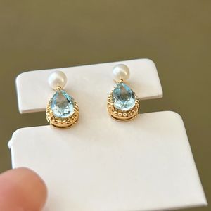 Boucles d'oreilles Xinfly en or véritable 18 carats avec perle d'eau douce et aquamarine, cadeau pour femme - Product Image 2