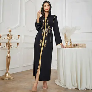 A832Eid robe de prière musulmane perlée abaya à capuche robe musulmane femme noire