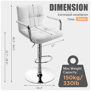 Tabourets <span class=keywords><strong>de</strong></span> bar modernes carrés en cuir PU <span class=keywords><strong>avec</strong></span> <span class=keywords><strong>dossier</strong></span> <span class=keywords><strong>pivotant</strong></span> réglable en hauteur <span class=keywords><strong>avec</strong></span> accoudoirs - Product Image 6