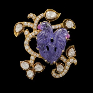 Broche de luxe en or 14 carats avec diamants et améthyste sculptée, motif oiseaux amoureux, pour femme, bijou de créateur vintage et audacieux - Product Image 2