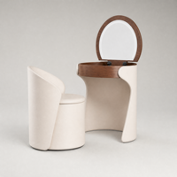 Ensemble de coiffeuse moderne en cuir blanc crème courbé avec miroir rond relevable et tabouret de rangement SZT075
