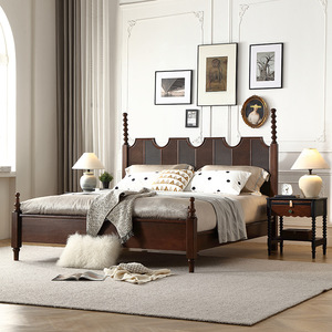 Cama Amy de Roble Rojo Americano, Estilo Retro, Cabecera Tallada en Madera Sólida, Cama Doble de Lujo para Bodas - Product Image 4