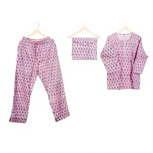 Ensemble de pyjama unisexe en coton 100% écologique, décontracté d'été, multicolore, 2 pièces, taille élastique simple, imprimé floral, manches longues - Product Image 1