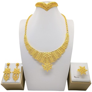 Gold Plated Flower Jewelry <b>Set</b> Necklace Earrings <b>Ring</b> Bracelet <b>Women</b> Ethnic Party Fashion 22k Alloy Guangzhou Made 2024 - Product Image 2