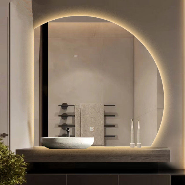 Internet Celebrity Smart Backlit Anti-Fog Semi-circular Illuminated Wall-mounted LED Bathroom Mirror with Tri-color Light