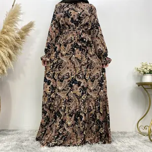 Muslim Fashion Print Casual Big Hem Lace Up Pakistan Boho Frocks And Dresses Women Summer Casual Maxi